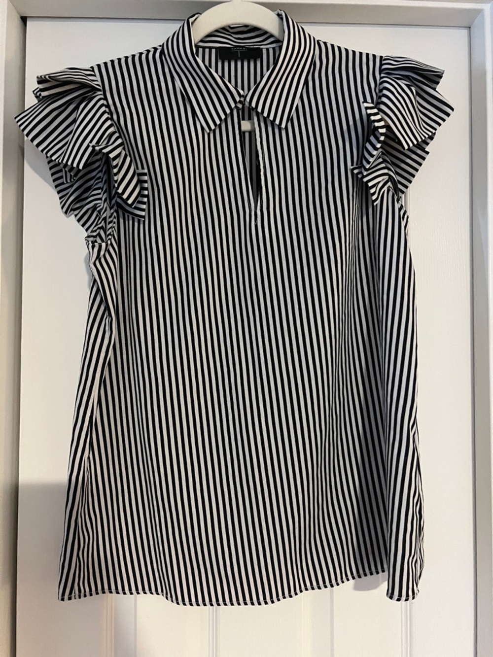 Tahari Black & White Striped Ruffle Sleeve Blouse